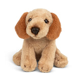Plush dog toy with brown ears and beige body on a white background
