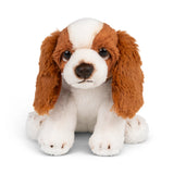 Stuffed dog toy with brown and white fur on a white background