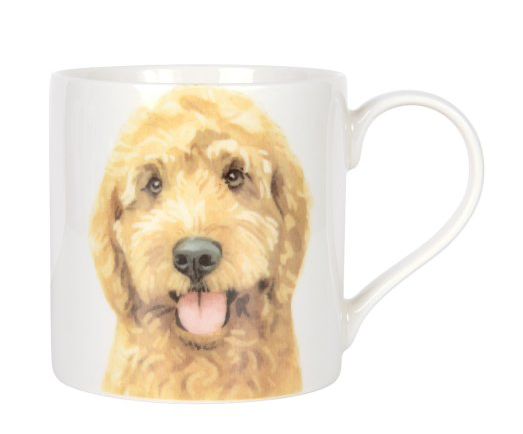 Golden cream cockapoo painting on a white mug