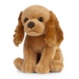 Plush cocker spaniel dog toy with brown fur on a white background