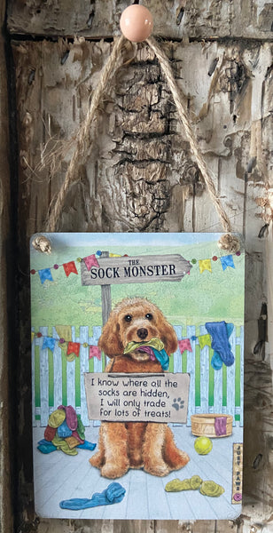 The Sock Monster Mini Metal Dangler Sign