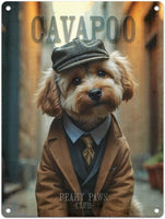 Dog dressed in a suit with 'Cavapoo' text and 'Peaky Paws Club' branding.