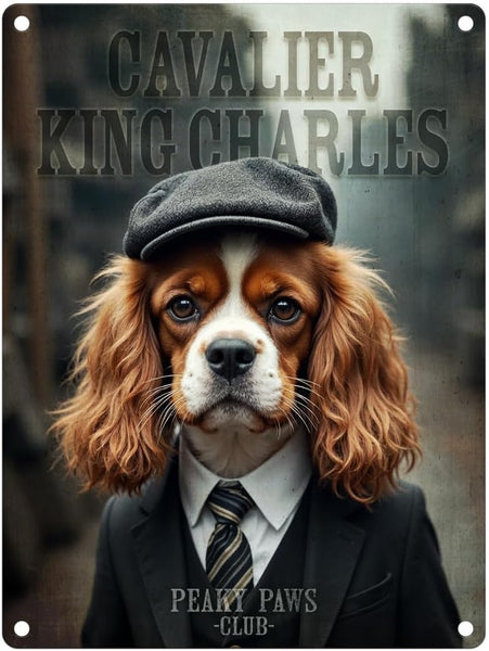 Cavalier King Charles dog in a suit with 'Peaky Paws Club' text on a metal sign.