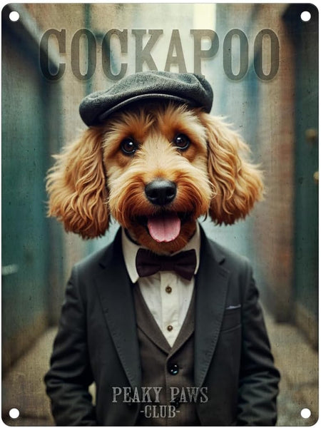 Dog in a suit with a cap and 'Cockapoo' text on a metal sign.