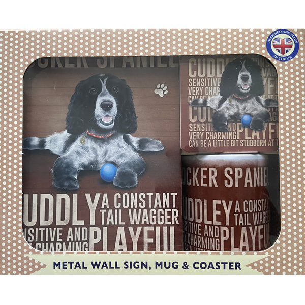 Cuddly Black and White Cocker Spaniel Gift Set - Sign, Mug and Coaster