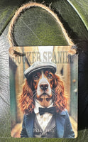 Decorative sign with a dog wearing a hat and suit.