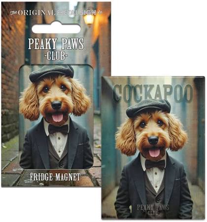 Peaky Paws Club Cockapoo fridge magnet of a dog in a suit with packaging