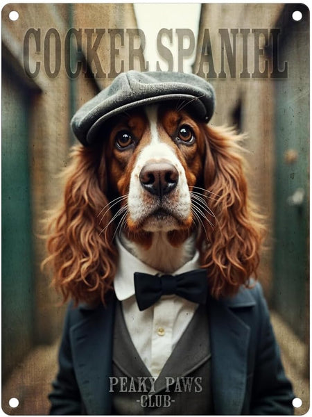 Dog in a suit with a bow tie and cap, labeled 'Cocker Spaniel' and 'Peaky Paws Club'.