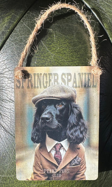 Decorative sign with a dog illustration and text on a textured background